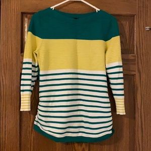 Green yellow striped sweater 3/4 length sleeve top